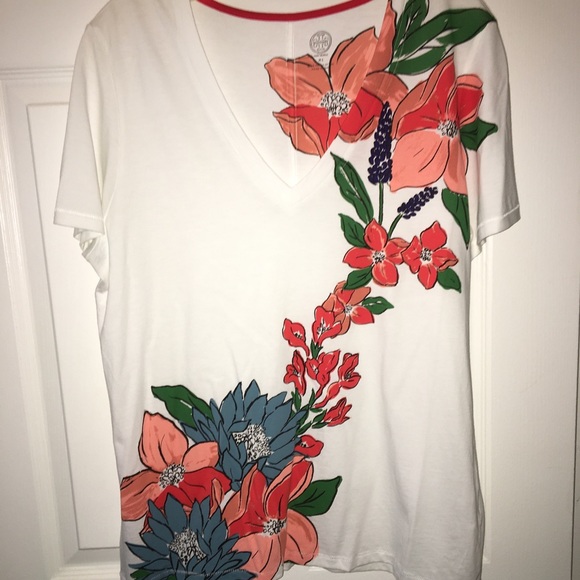 TORY BURCH NWOT AUTHENTIC 100% PIMA COTTON V-NECK FLORAL BLOUSE T-SHIRT - Picture 3 of 16